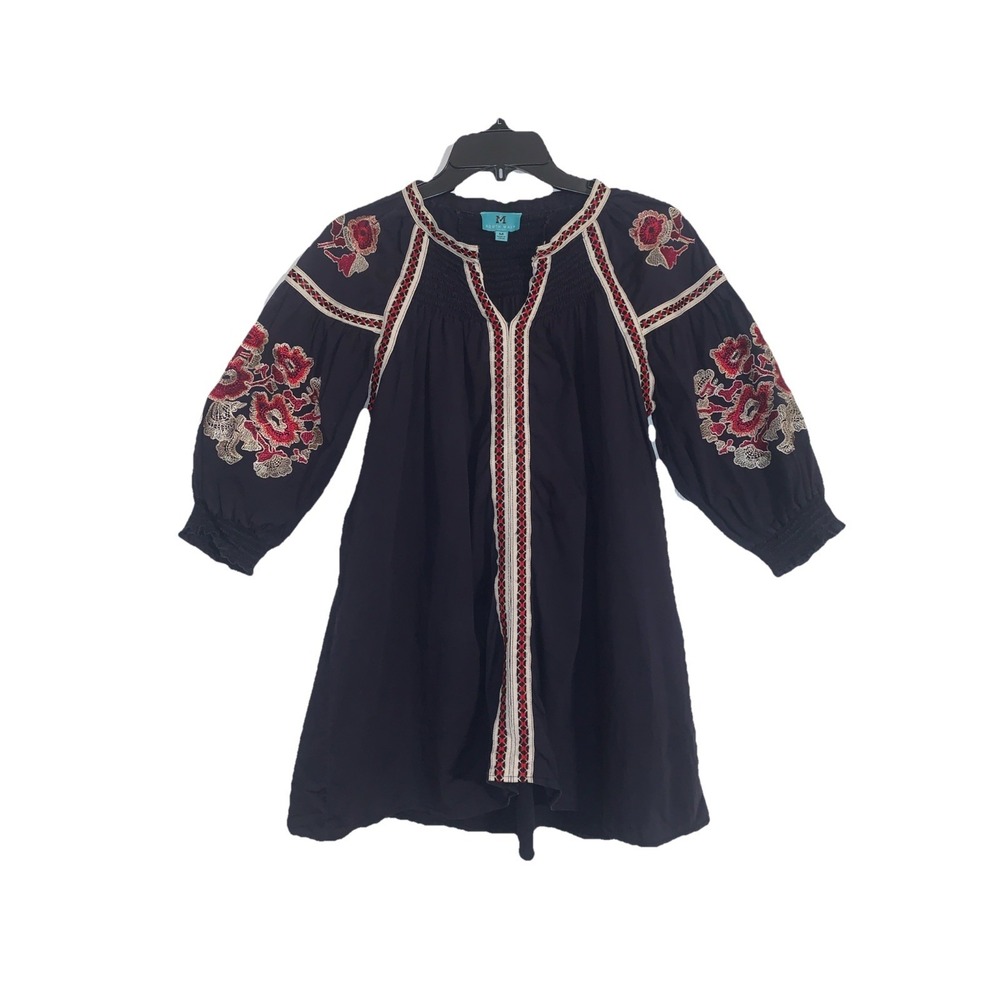 South Main Womens M Blue Embroidered Tunic Top Boho western Peasant‎ Red Floral
